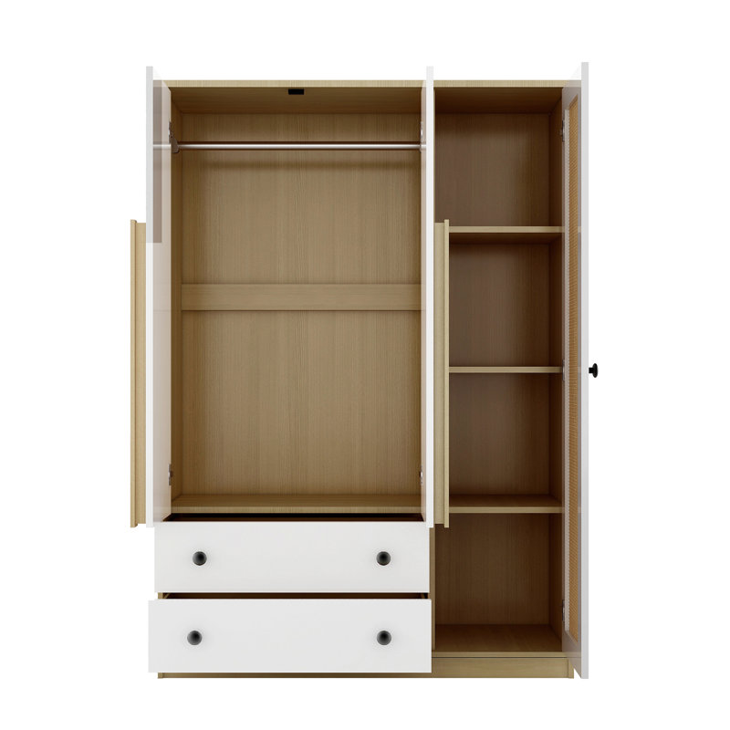 Armoire-penderie en bois à 3 portes avec 3 tiroirs pour la chambre à coucher, Blanc / Chêne