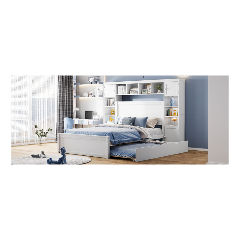 Lit en bois robuste avec rangement intégré, tablettes, prises et lit gigogne pour les chambres modernes, Blanc