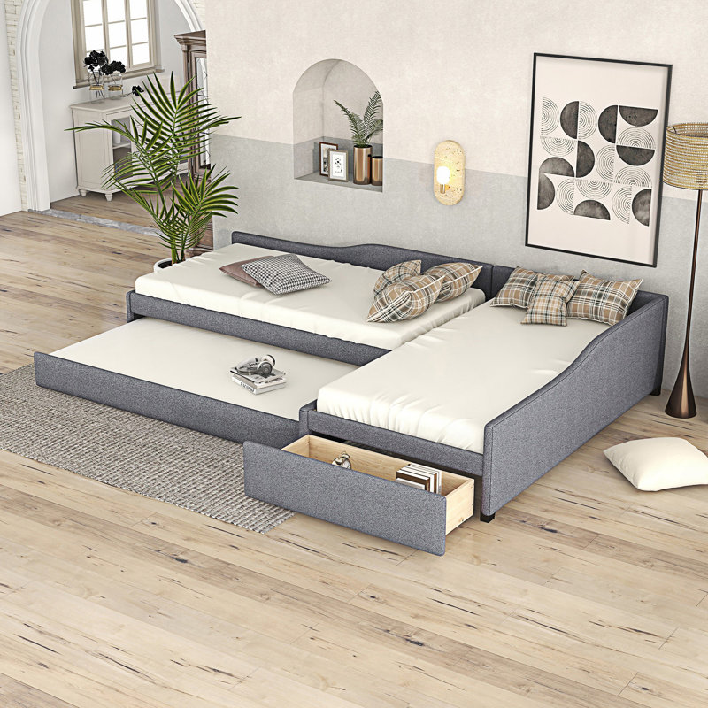 Upholstered Double Twin Size Daybed With Trundle And Drawer, Day Bed, Gray