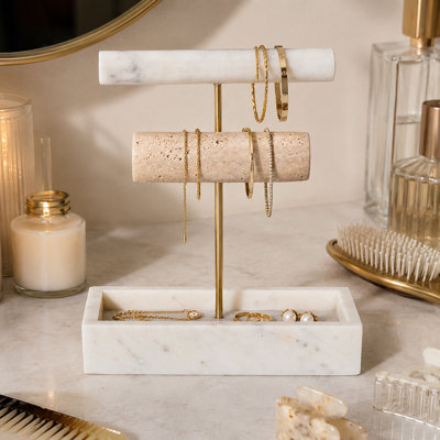 Présentoir à bijoux et barre à bracelets contemporain à 2 niveaux en marbre pour coiffeuse - Rangement moderne pour commode - 23 cm, blanc et beige