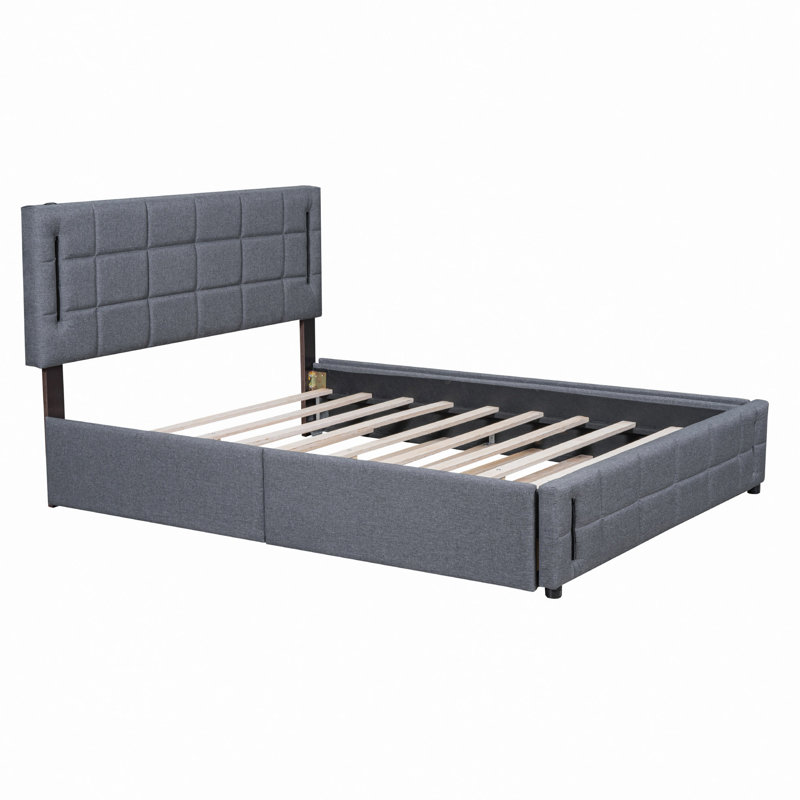 Lit plateforme tapissier avec lit gigogne et tiroirs, Gris