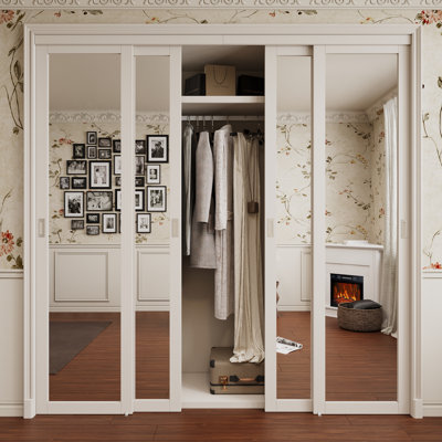 96" x 96" H Primed 4 Panels Mirrored Sliding Closet Doors with Hardware & Handles for Room Divider 