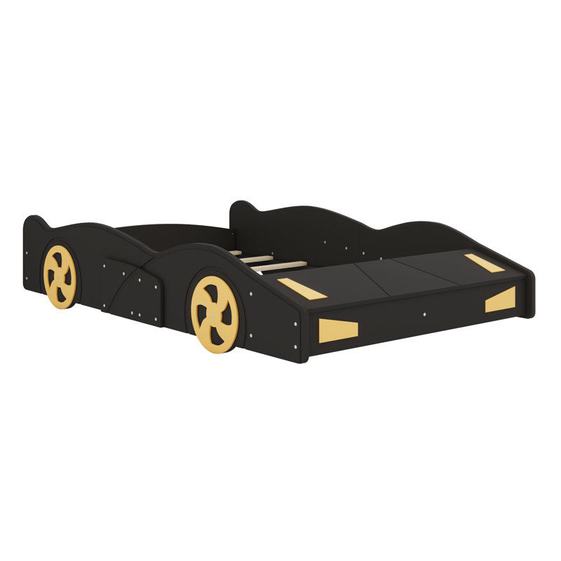 Lit plateforme de voiture de course en bois massif avec garde-corps, espace de rangement et roues, Lit double, Noir