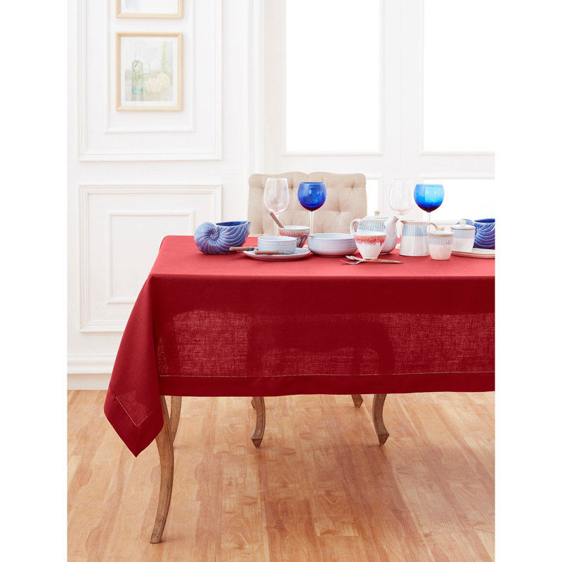 100% Pure Linen Hemstitch Tablecloth- Classic Hemstitch, Red, 156" x 60"