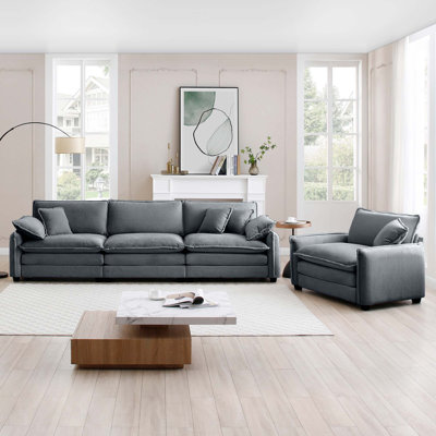 Ensemble de canapé de style Mid-Century moderne, deux, un canapé 3 places et un canapé simple avec 2 accoudoirs et 4 coussins décoratifs, ensemble de canapé 2 pièces pour le salon, tissu en velours côtelé gris