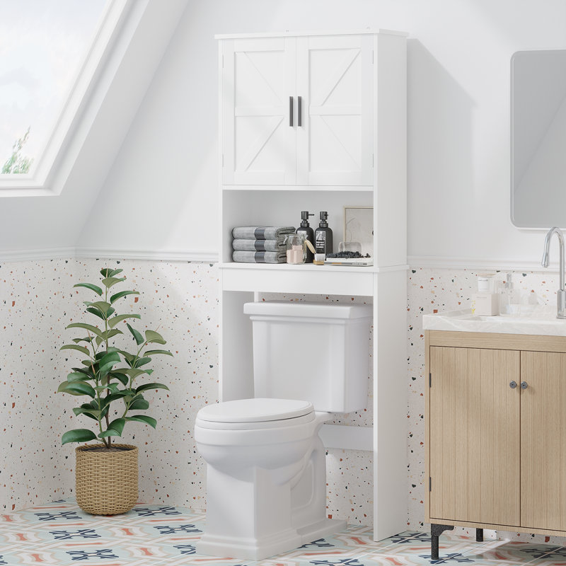 Over The Toilet Storage Cabinet With Adjustable Shelf, Bathroom Space Saver Organizer With Double Doors And Open Shelf, Freestanding Toilet Rack For Small Bathroom