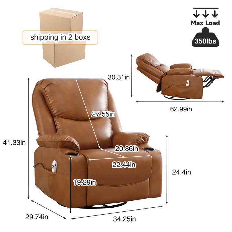 34.2'' Wide Modern Vegan Leather Swivel And Rocker Power Recliner Chair With USB Port, Brown