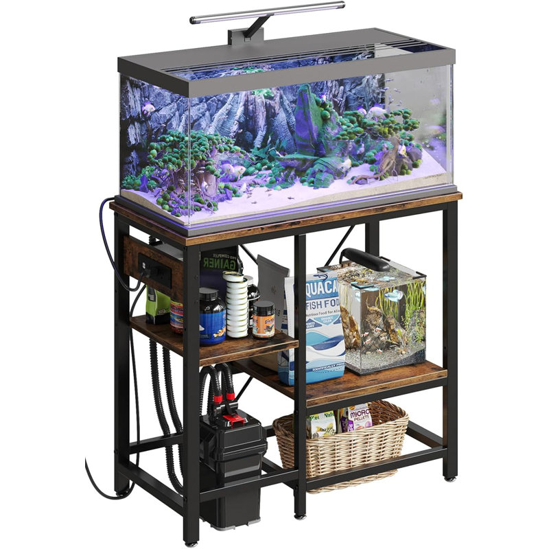 Rustic Brown Metal Fish Tank Stand with Adjustable Shelves