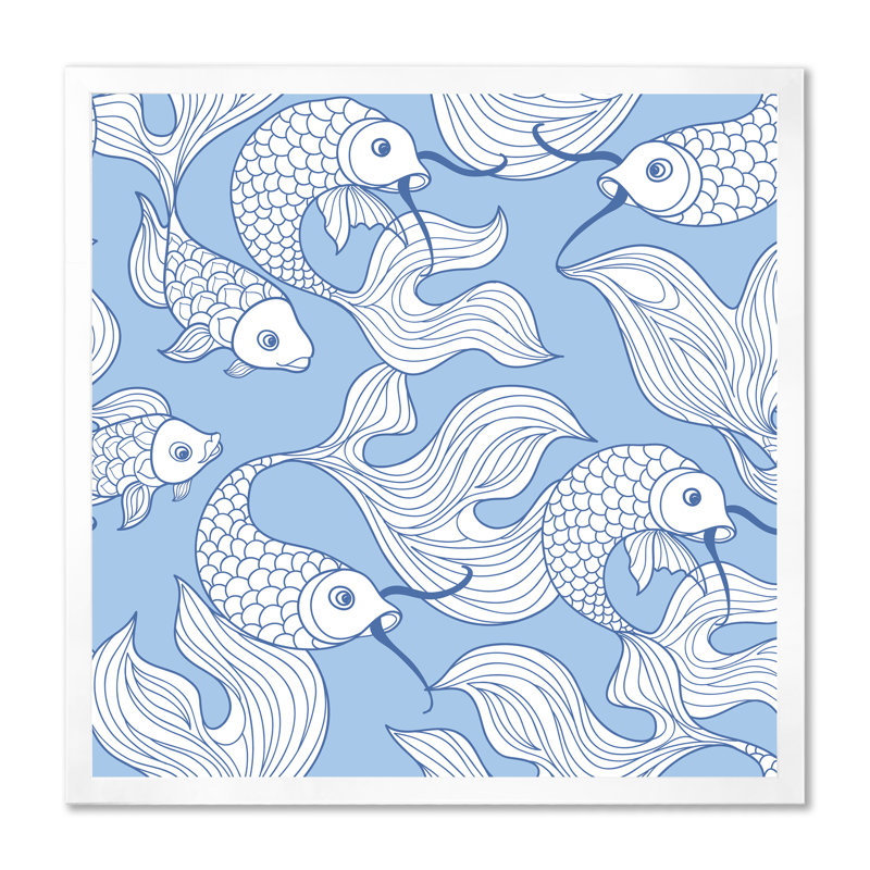 «White Abstract Fish on Blue», reproduction de cadre photo sur toile, Blanc, H 36 po x l 36 po