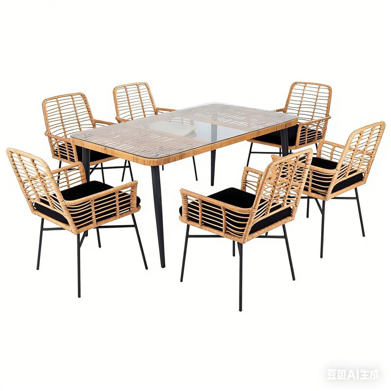 Kuwan 6-Person Rectangular Outdoor Dining Set with Cushions, Black