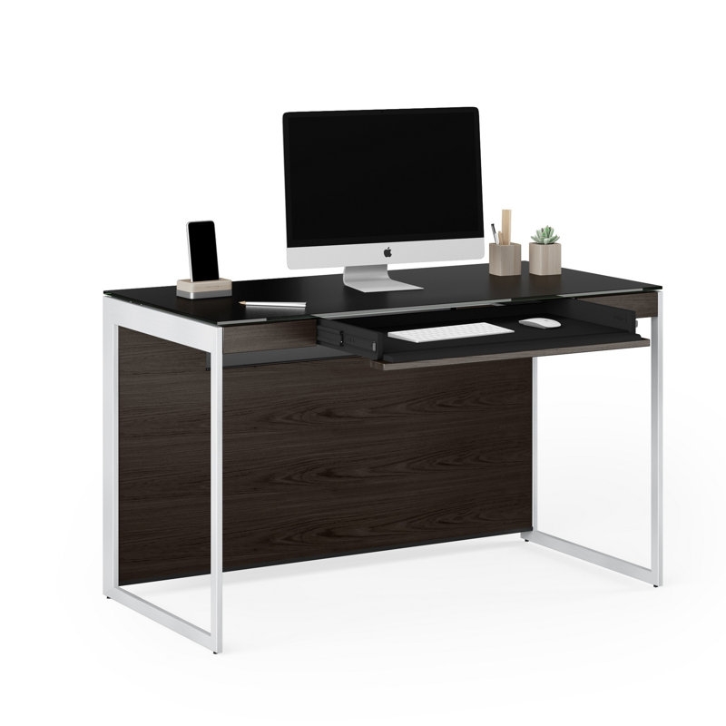 Sequel Desk With Back Panel - Charcoal Stained Ash, Black Metal, Charcoal Stained Ash/Satin Nickel