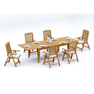 9 Pcs Grade-A Teak Wood Dining Set: 122" Atnas Double Extension Rectangle Table And 8 Marley Folding Reclining Arm Chairs #11MR2808