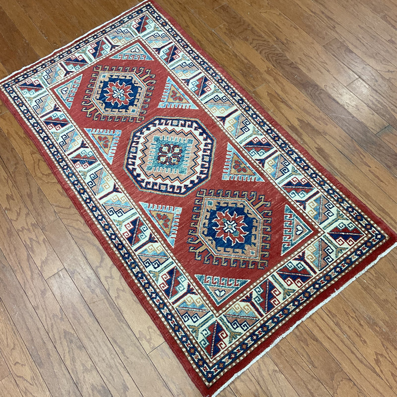  Tapis en laine fait à la main Kazak, Rectangle 2 pi 9 po x 5 pi