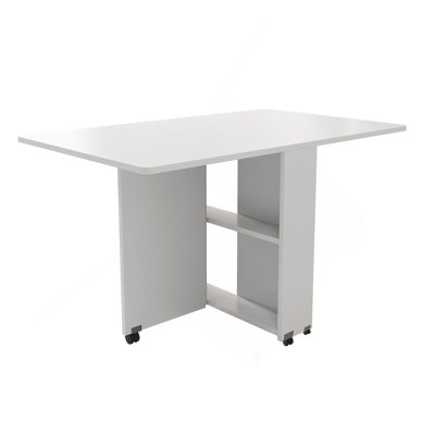 Folding Drop Leaf Dining Table With 6 Wheels And 2-Layer Storage Shelf, Space Saving Table For Small Spaces, 47.2 Inch D X 23.6 Inch W X 30.3 Inch H, White