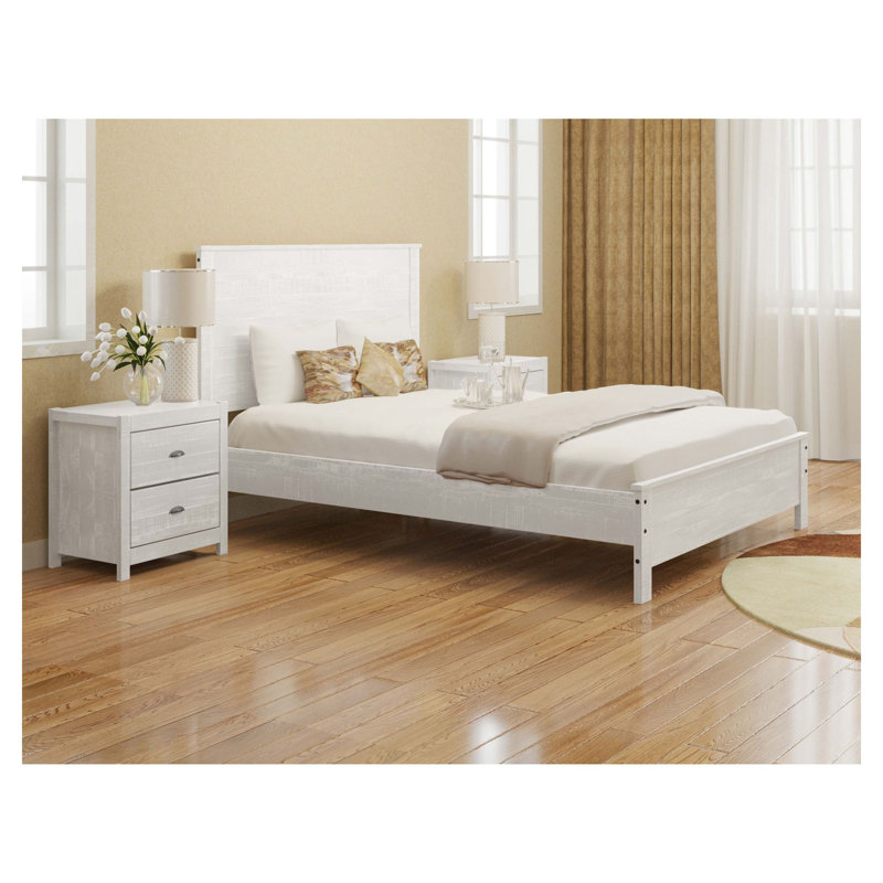 Cadre de lit en bois massif robuste avec 2 tables de chevet Albany, Blanc, Grand