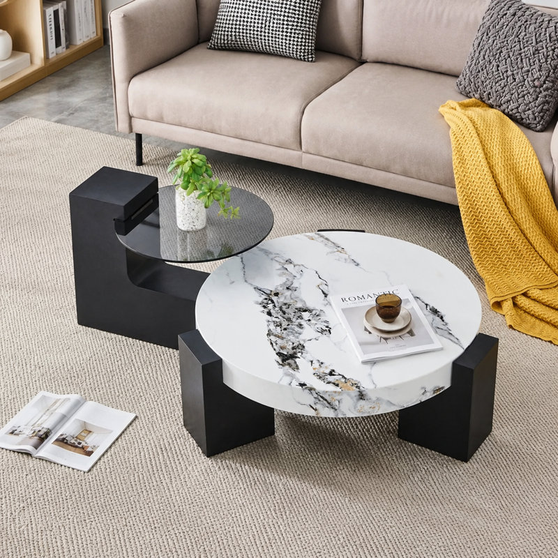 Ensemble de 2 tables basses gigognes rondes modernes avec plateau en verre trempé et imitation bois, Blanc, Noir