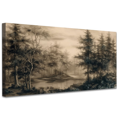 Décoration murale rétro sur toile forêt, sépia, décoration murale sur toile inspirée de la nature pour le salon ou la chambre à coucher, scène de bois tranquille, galerie de peinture tendue, prête à être suspendue, 16 po x 32 po