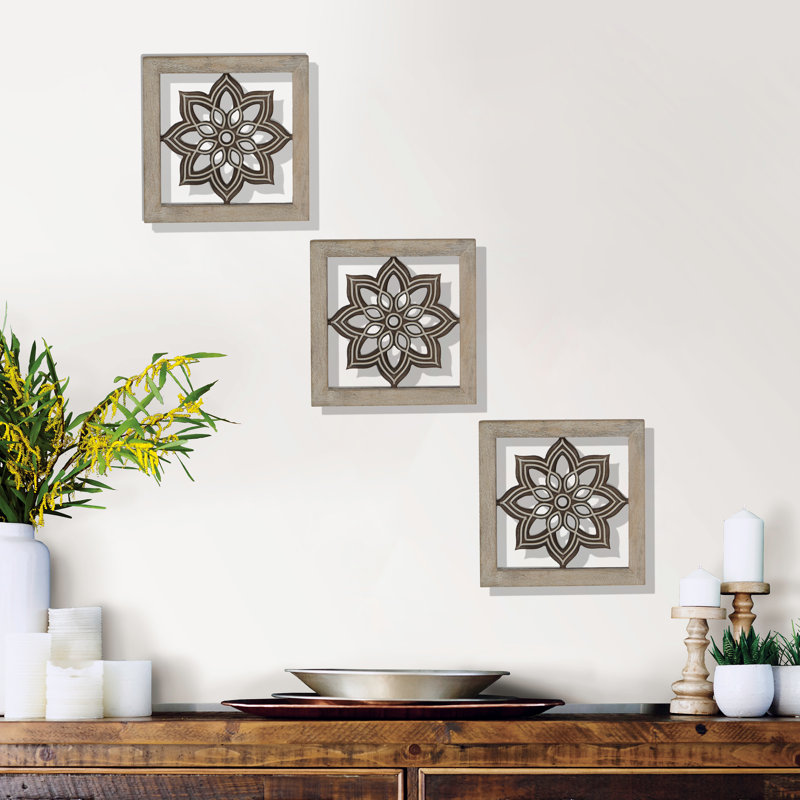 Fabian Solid Wood Handcrafted Mandala Wall Art | Wall Hanging Medallion | Farmhouse Wall Decor For Your Office Or Home | Set Of 3 | 9x9 | Rustic Finish