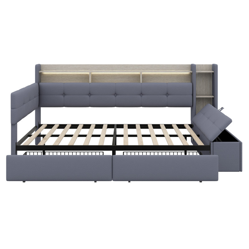 Modern Upholstered Daybed Featuring Storage Footstool, Shelves, 2 Drawers, USB Charging Station and LED Lights, Grey