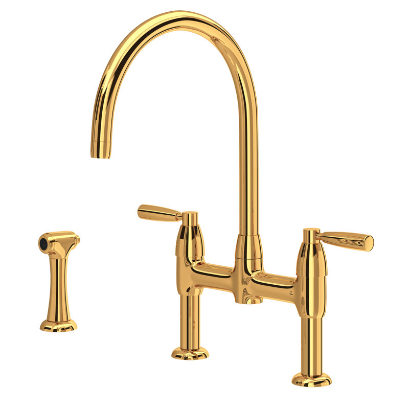 Holborn Bridge Kitchen Faucet With C-Spout and Side Spray, Antique Gold, Lever