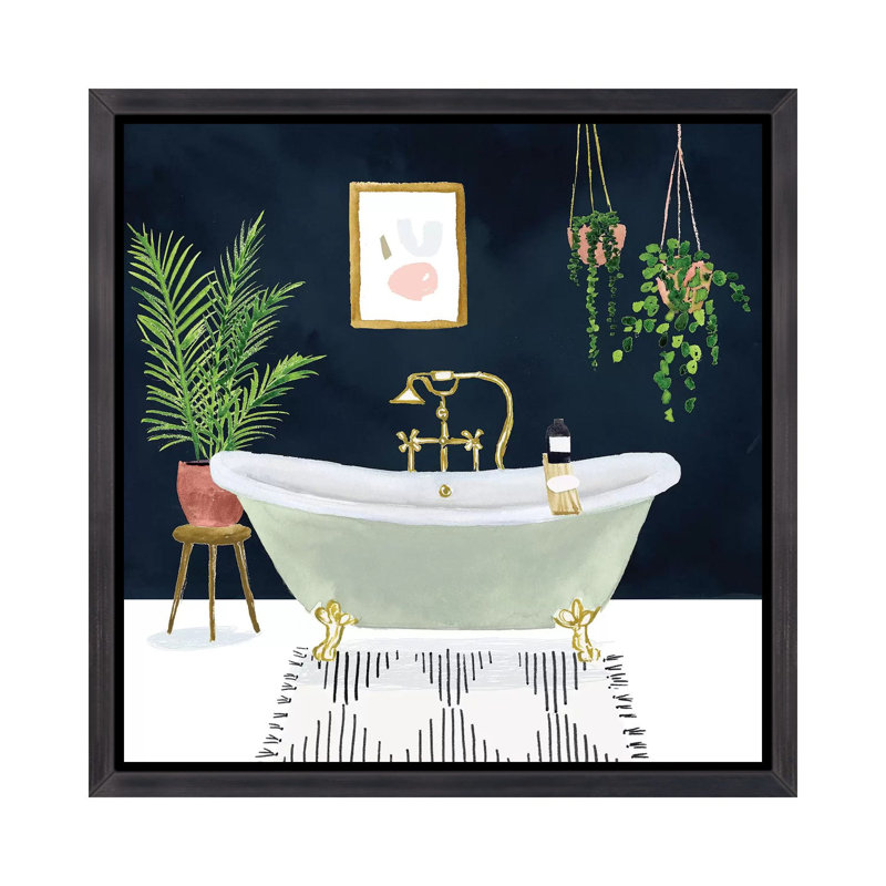 «Boho Bath I» par Victoria Borges - impression d'art graphique, Cadre flottant noir patiné, H 26 po x l 26 po x P 1,5 po