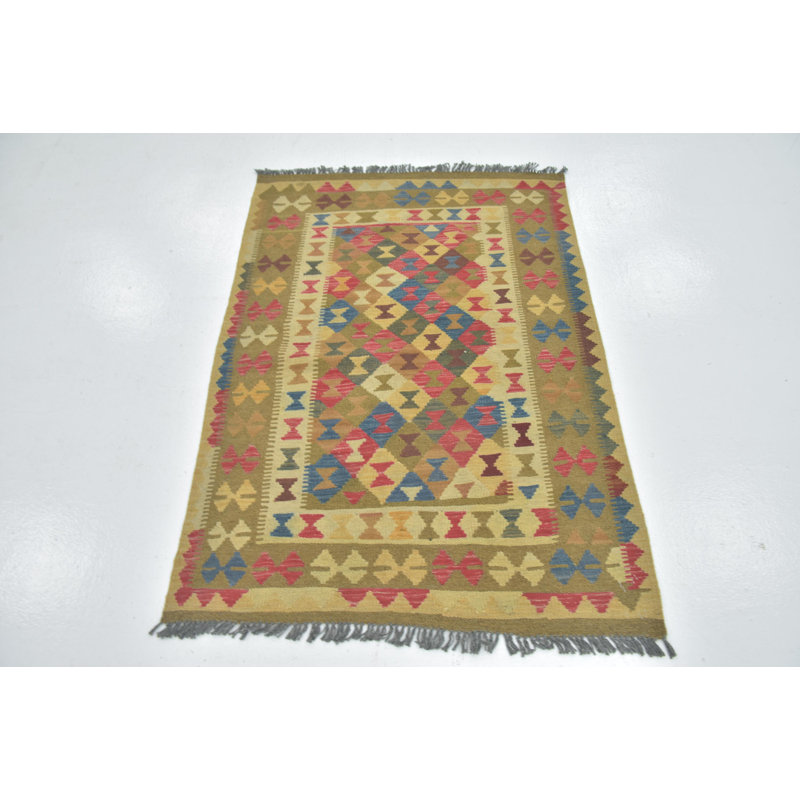 Tapis à main one-of-kind noué la olive/crème/rouge 3 pi 3 po x 4 pi zone de laine 9 po Lorain