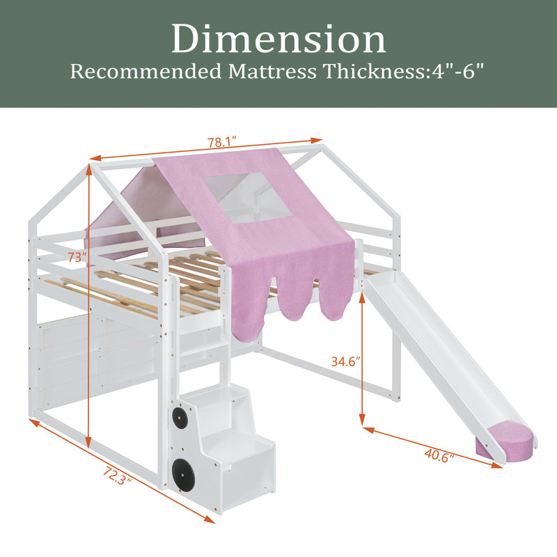 Lit mezzanine en bois pleine grandeur en forme de maison avec tente, Double, Rose