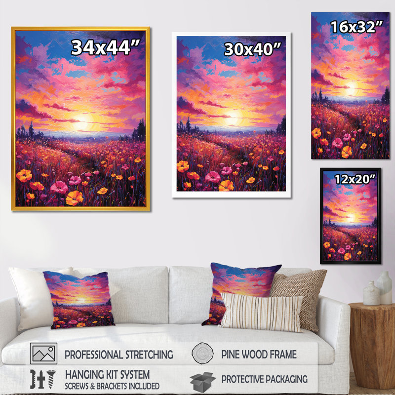 Impression sur toile «Full Moon Magic Over Blossoming Flower Meadows I», 40" H x 30" W, Cadre flottant blanc