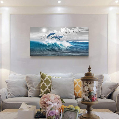 Wall Decorations For Living Room Large Size Canvas Wall Art For Bedroom Blue Waves Of The Sea Wall Pictures Artwork Modern Office Canvas Art Print Dolphins Wall Paintings Ready To Hang Home Decor