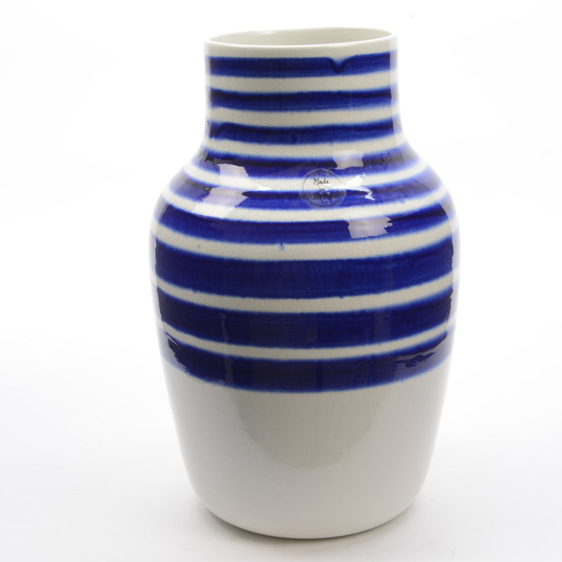 Vase cylindrique en céramique 14 "à rayures bleues et blanches 14"