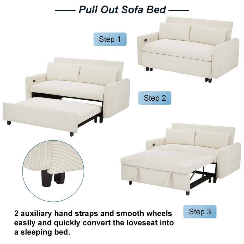 Isel 57'' Sofa Bed Sleeper Loveseat with USB Port and Two Pillows, Beige Corduroy