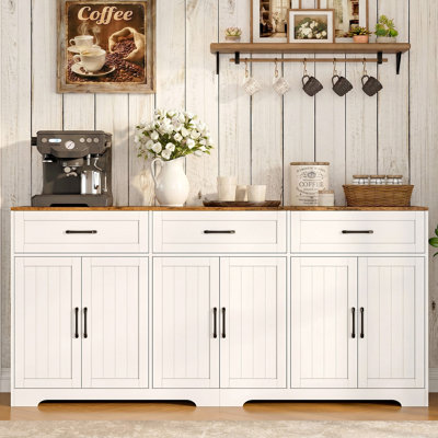 71" Farmhouse Sideboard Buffet Cabinet 3 Drawers & 6 Doors, Wooden Coffee Bar with Storage, Large Kitchen Island Console Cabinet, Dining Sideboard with Anti-tip, Living Room TV Stand, White
