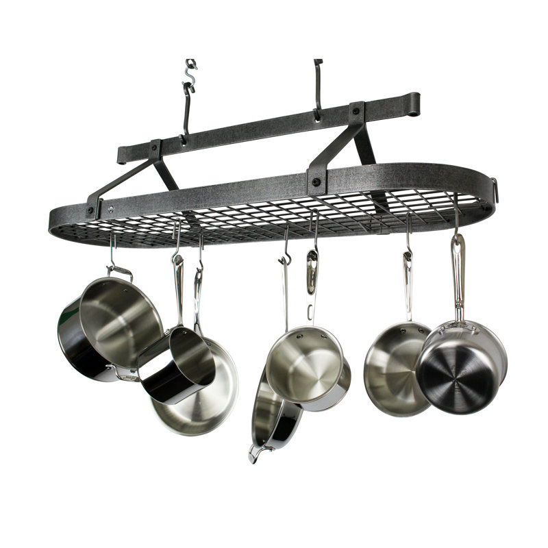 Premier USA Handcrafted Gourmet 3 ft Classic Oval Hanging Pot Rack, 22" H x 59.5" W x 20" D, Hammered Steel