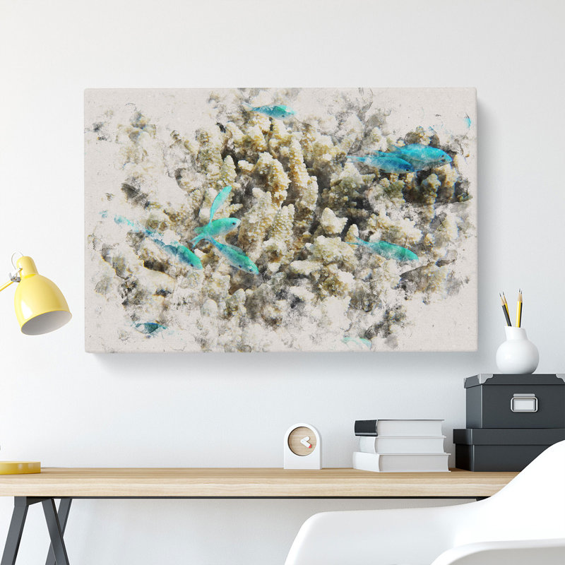 Coral Reef And Blue Fish Watercolour - Wrapped Canvas Print, 50cm H x 76cm W x 3cm D
