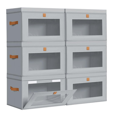 Grands bacs de rangement en tissu avec couvercles - Paquet de 6 - Organisateur de placard pliable avec ouverture frontale et fenêtre transparente, boîtes décoratives robustes et empilables pour les tablettes, sous le lit et l'organisation à la maison