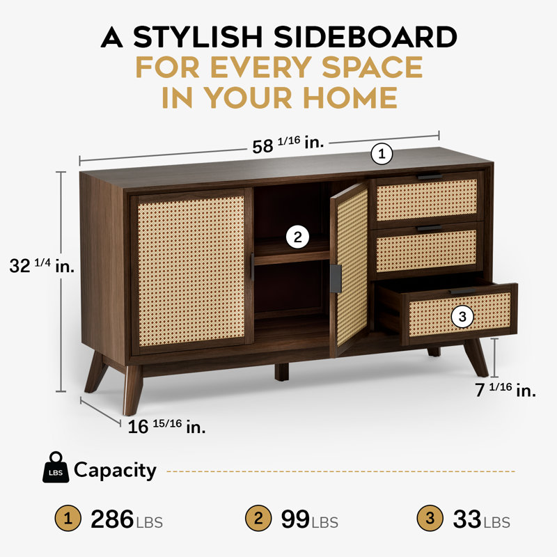 Ailia 58" 3 Drawer Sideboard Fully Assembled, Walnut