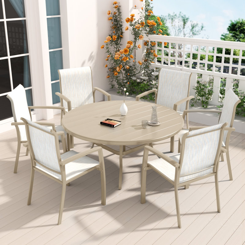 7 Pieces Patio Dining Set,Patio Stackable Dining Chairs and Outdoor Metal Round Table, Sandstone