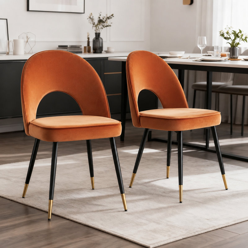 Modern Velvet Upholstered Dining Chair Cutout Back with Black & Gold Tapered Legs, Orange