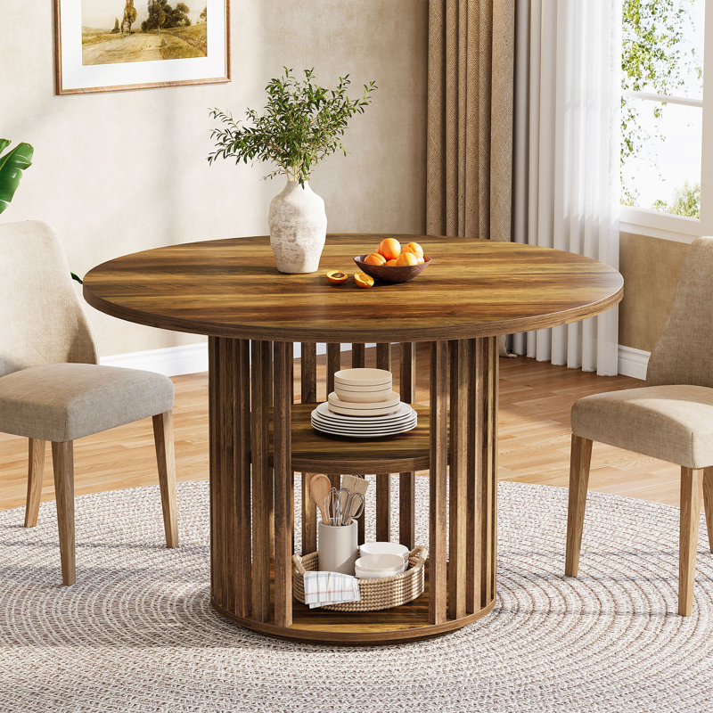 47" Round Dining Table with 2-Tier Storage and Wood Base