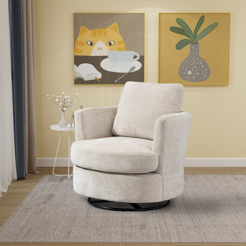 32"W Slipcovered Upholstered Swivel Barrel Chair, Beige Chenille