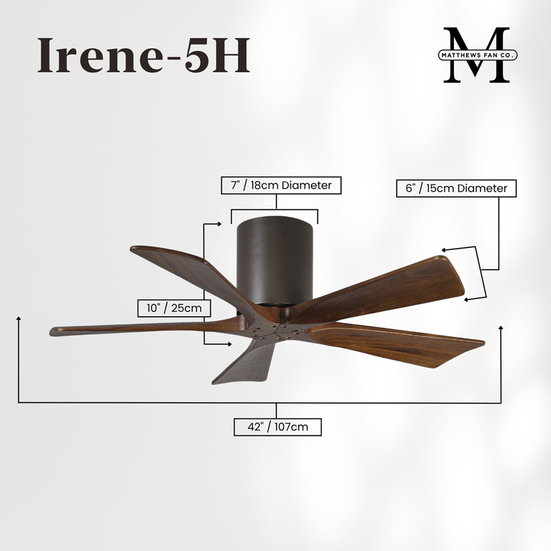 60" Irene 5-Blade Hugger Ceiling Fan with Wall Remote, Textured Bronze, 42", Walnut Tone
