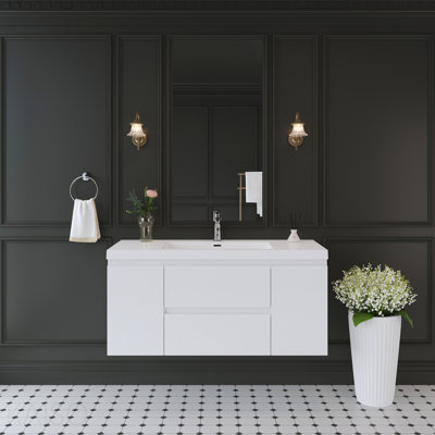 48" Floating Bathroom Vanity With Sink, Wall-Mounted Storage Cabinet With Solid Surface Top Basin And Soft Close Drawers Fully Assembled, Glossy White