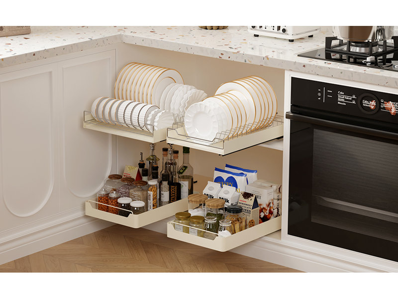 Organisateur d'armoire coulissant, tiroirs coulissants pour la cuisine, tiroir coulissant adhésif avec support de séchage de la vaisselle, étagères coulissantes sans armoire