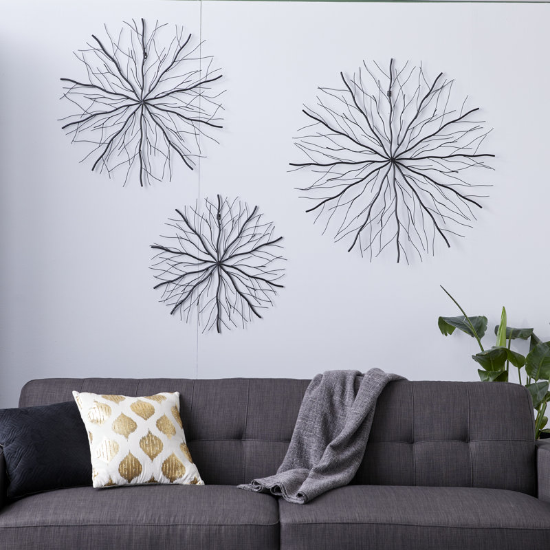 Metal Starburst Black Wall Decor with Branch Inspired Design Set