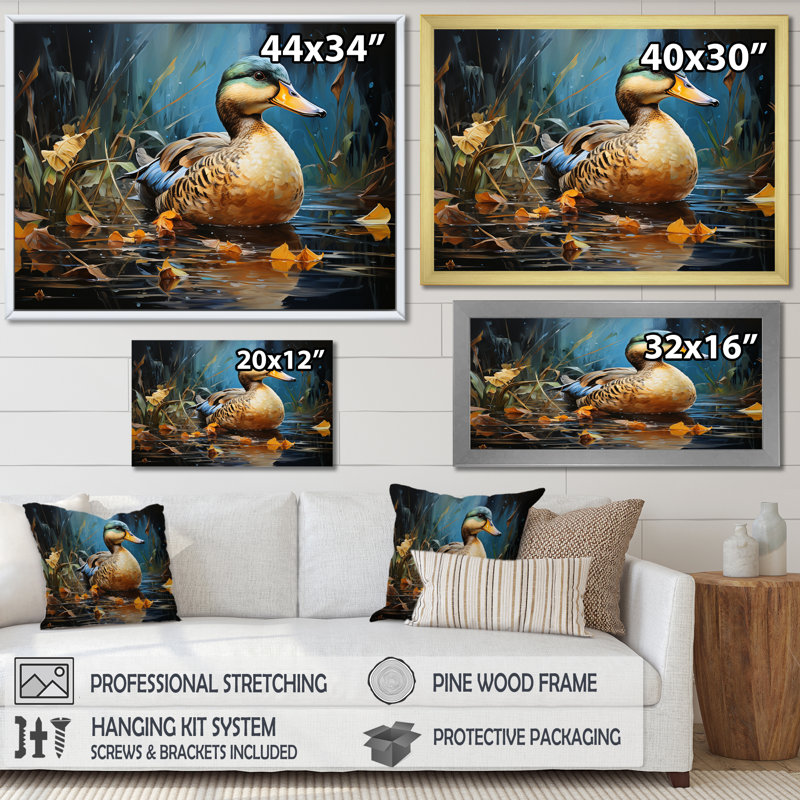 Canard bleu baroque élégance III - Art mural animaux de canard, H 34 po x l 44 po x P 1,5 po, Toile tendue