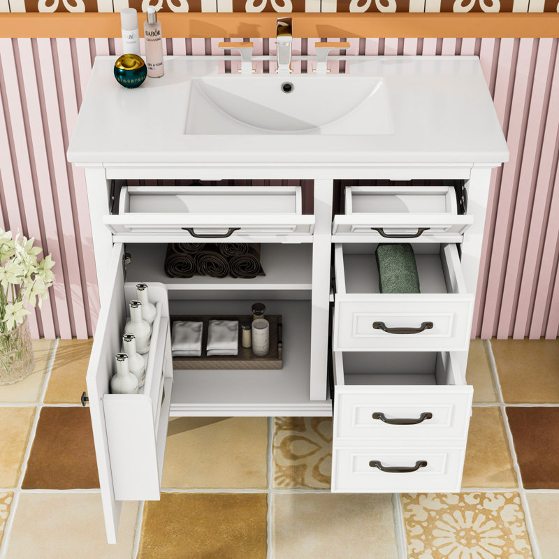 Meuble-lavabo autoportant avec tablette réglable, comptoir en céramique et armoire de rangement, Blanc