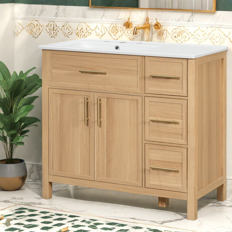 Meuble-lavabo moderne avec rangement, bois naturel de 36 pouces