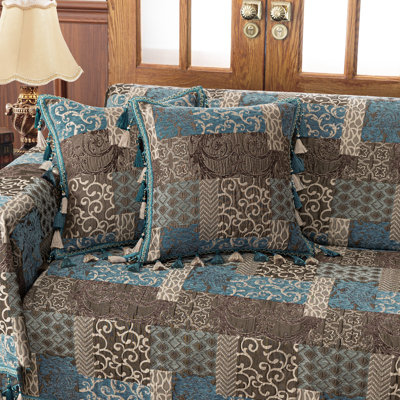 1-Piece Blue Patchwork Throw Pillow Cover 20"x20", Decorative Pillow Cover with Tassels for Sofa Couch Chair Living Room Bedroom