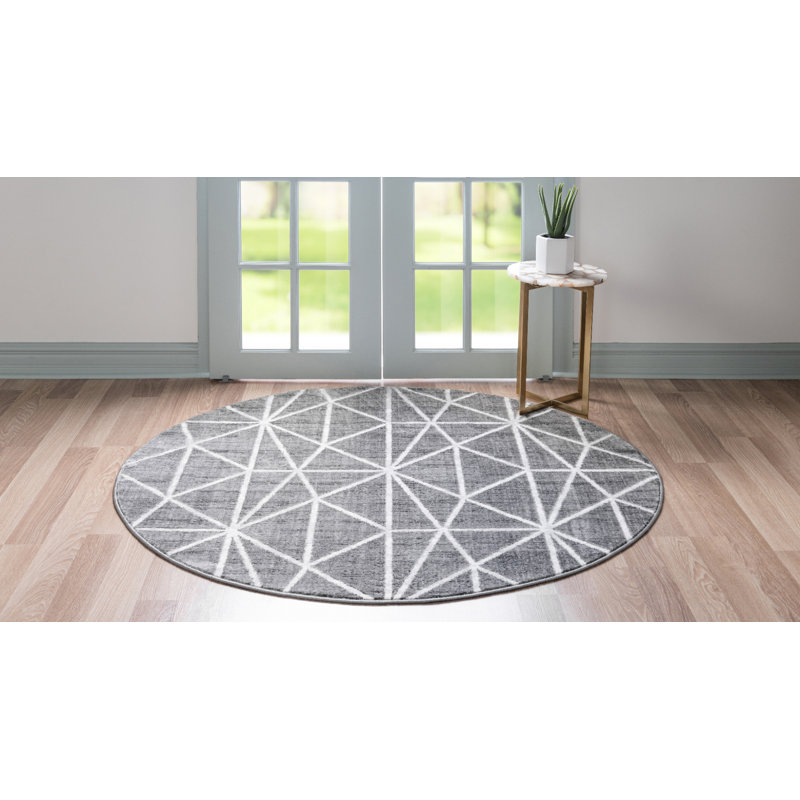 Tapis géométrique gris foncé / ivoire Oceola, Rond 3 pi 3 po