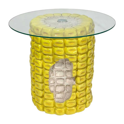 Multi-Functional High Novelty Resin Corn Cob Shaped Accent Side Table with Glass Top